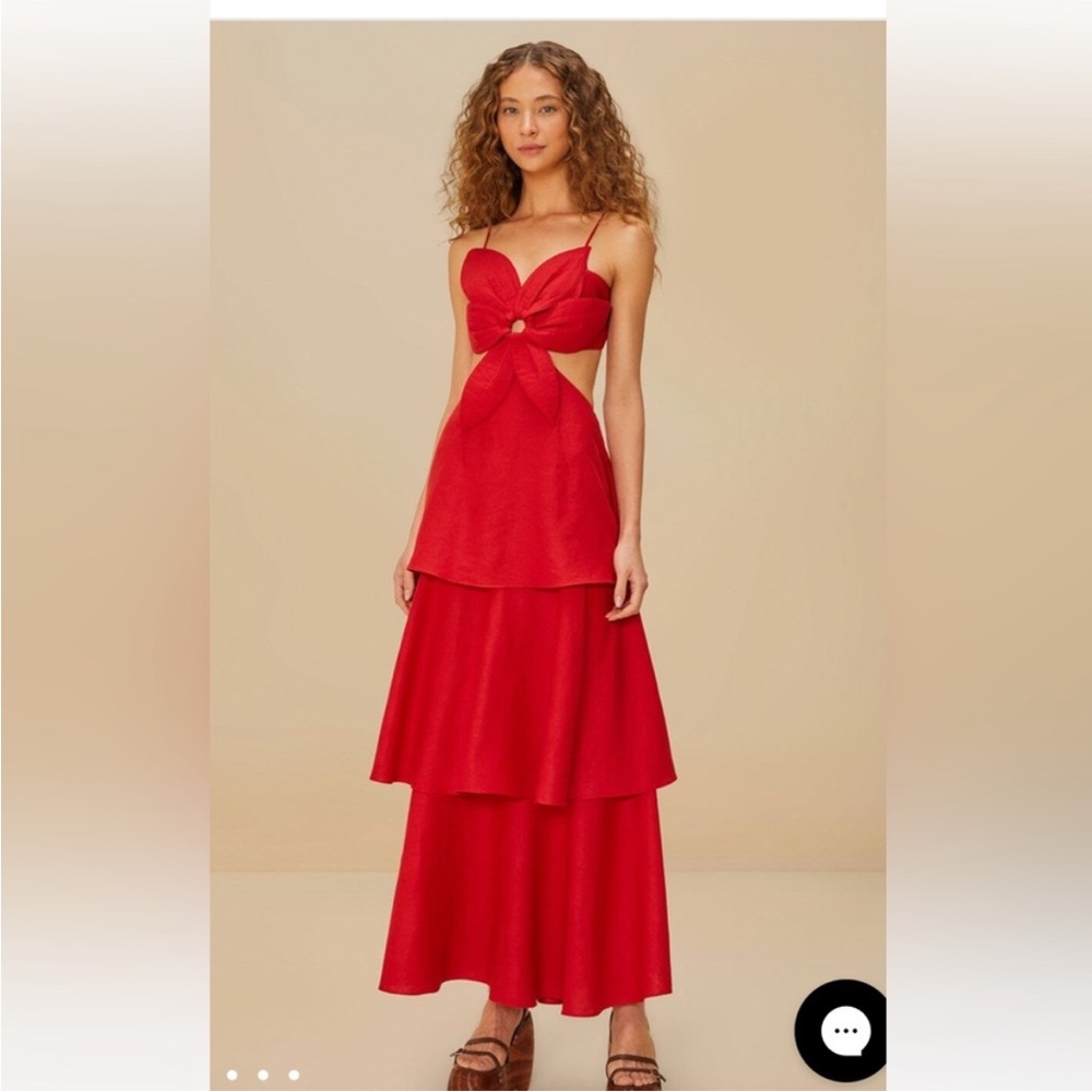 NWT FARM RIO Red Maxi Tiered Linen Floral Dress